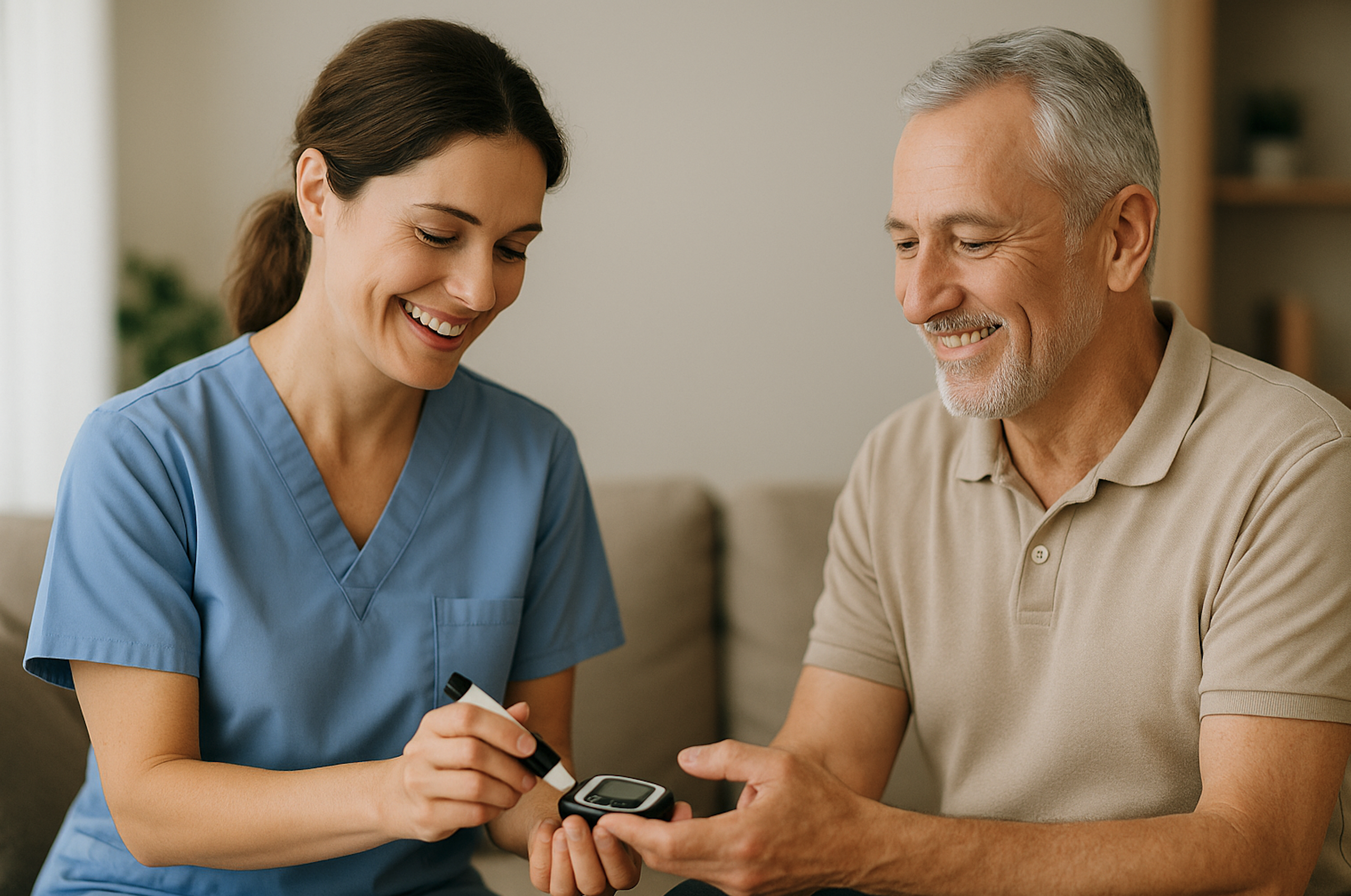 nfirmière libérale montrant à un patient comment mesurer sa glycémie à domicile à Aix-en-Provence