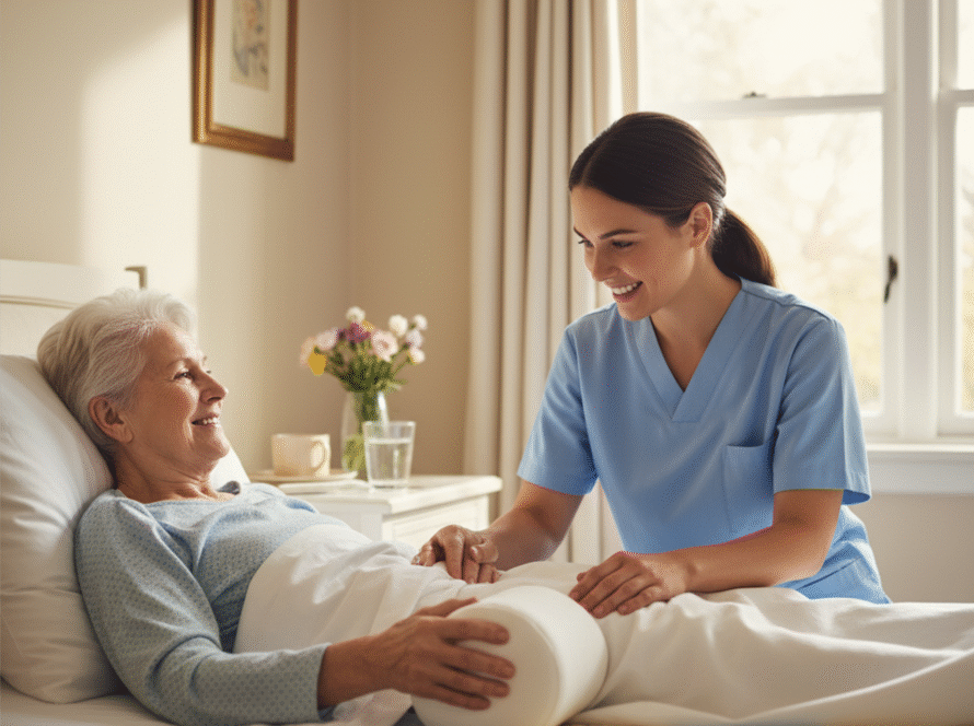 Infirmière libérale positionnant un coussin de décharge pour prévenir les escarres à domicile à Aix-en-Provence