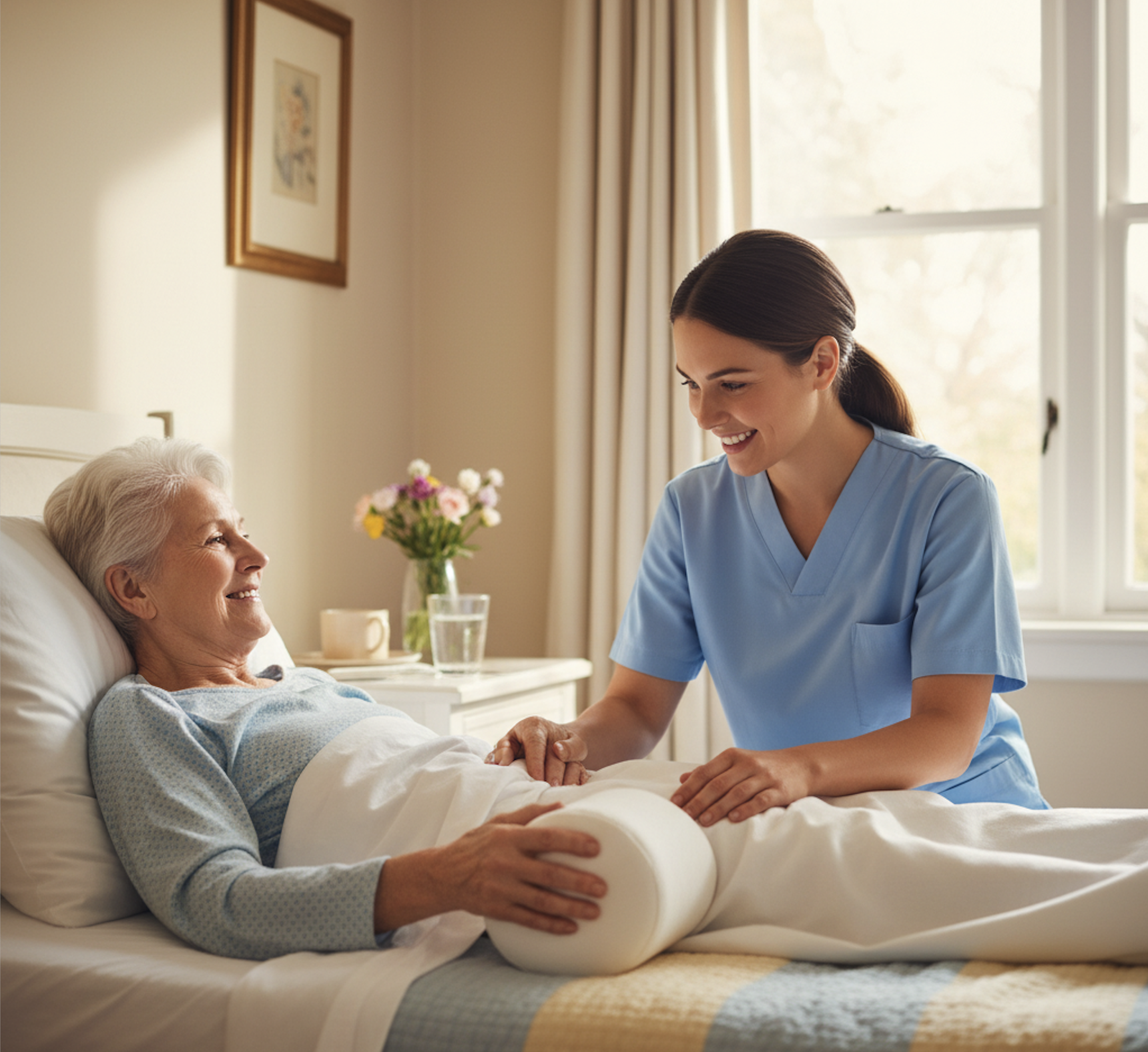Infirmière libérale positionnant un coussin de décharge pour prévenir les escarres à domicile à Aix-en-Provence
