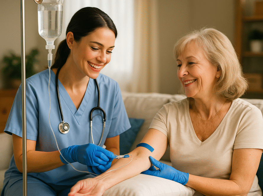 Infirmière libérale administrant une perfusion à domicile à Aix-en-Provence