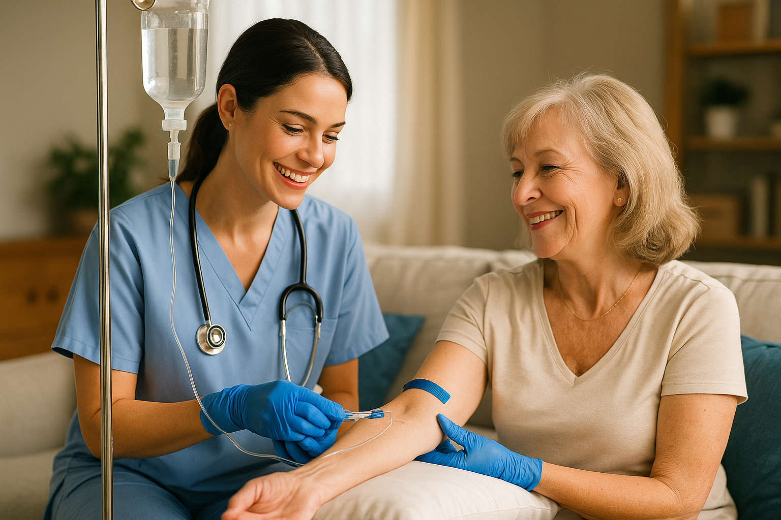 Infirmière libérale administrant une perfusion à domicile à Aix-en-Provence