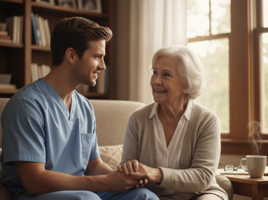Infirmier soutenant une aidante familiale et une patiente âgée