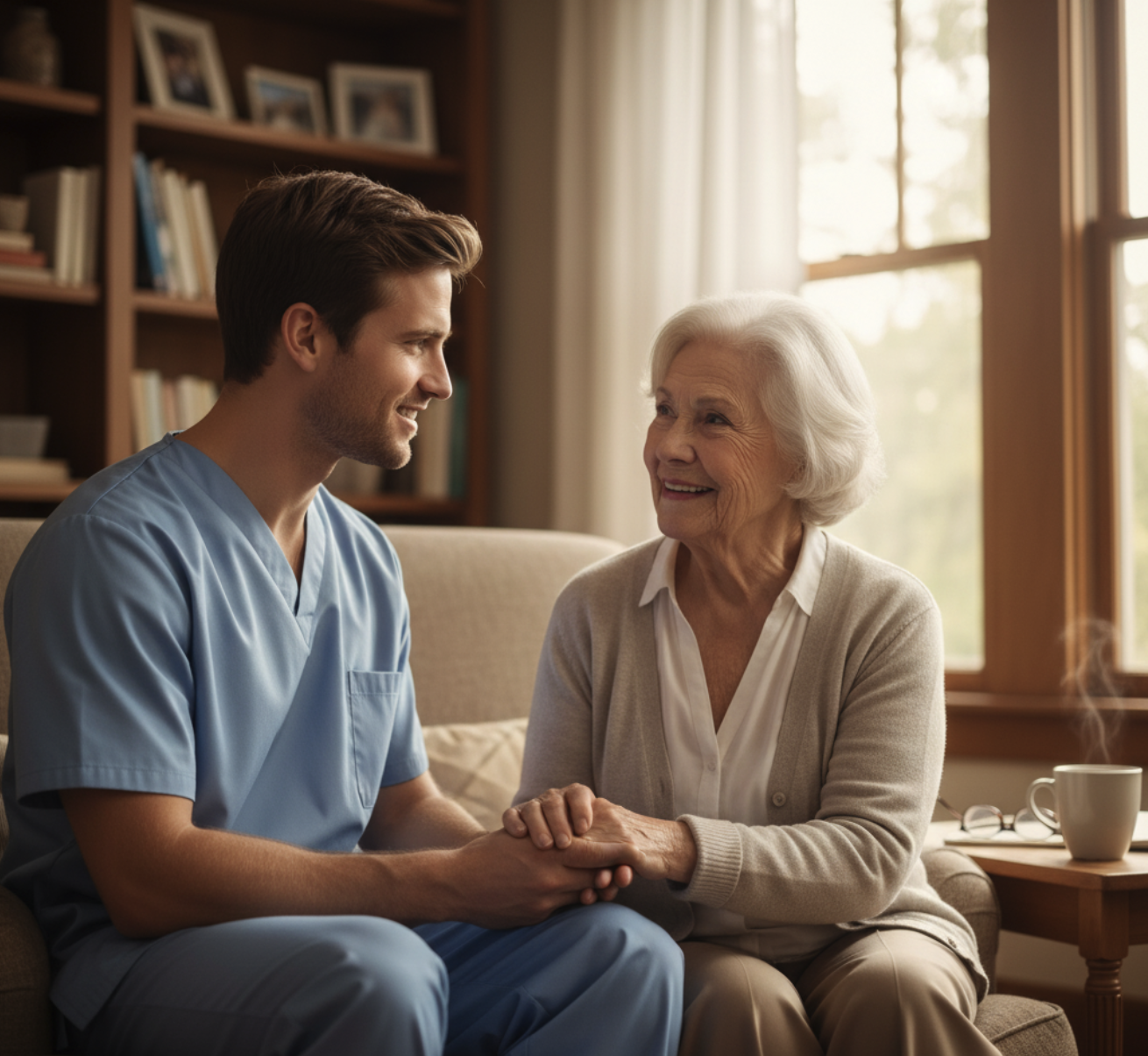 Infirmier soutenant une aidante familiale et une patiente âgée