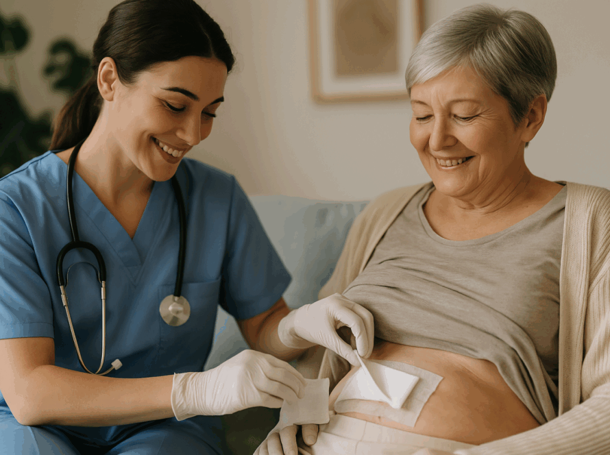 Infirmière libérale changeant un pansement post-opératoire à domicile à Aix-en-Provence