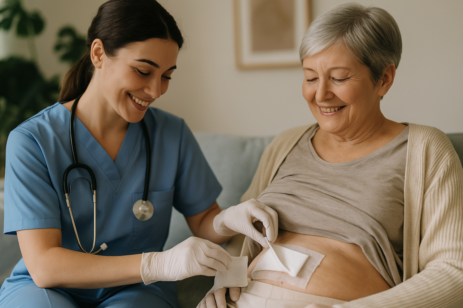 Infirmière libérale changeant un pansement post-opératoire à domicile à Aix-en-Provence