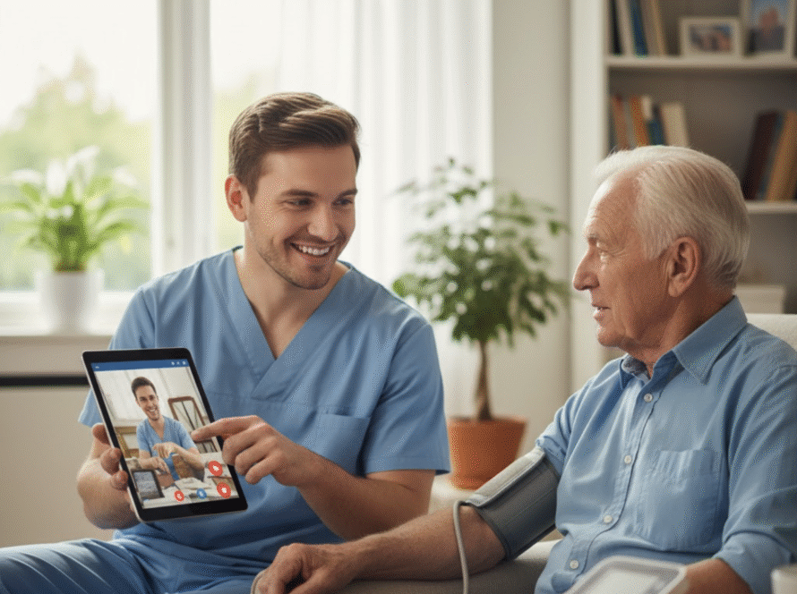 Infirmier expliquant la télémédecine à un patient âgé pour le suivi à domicile.