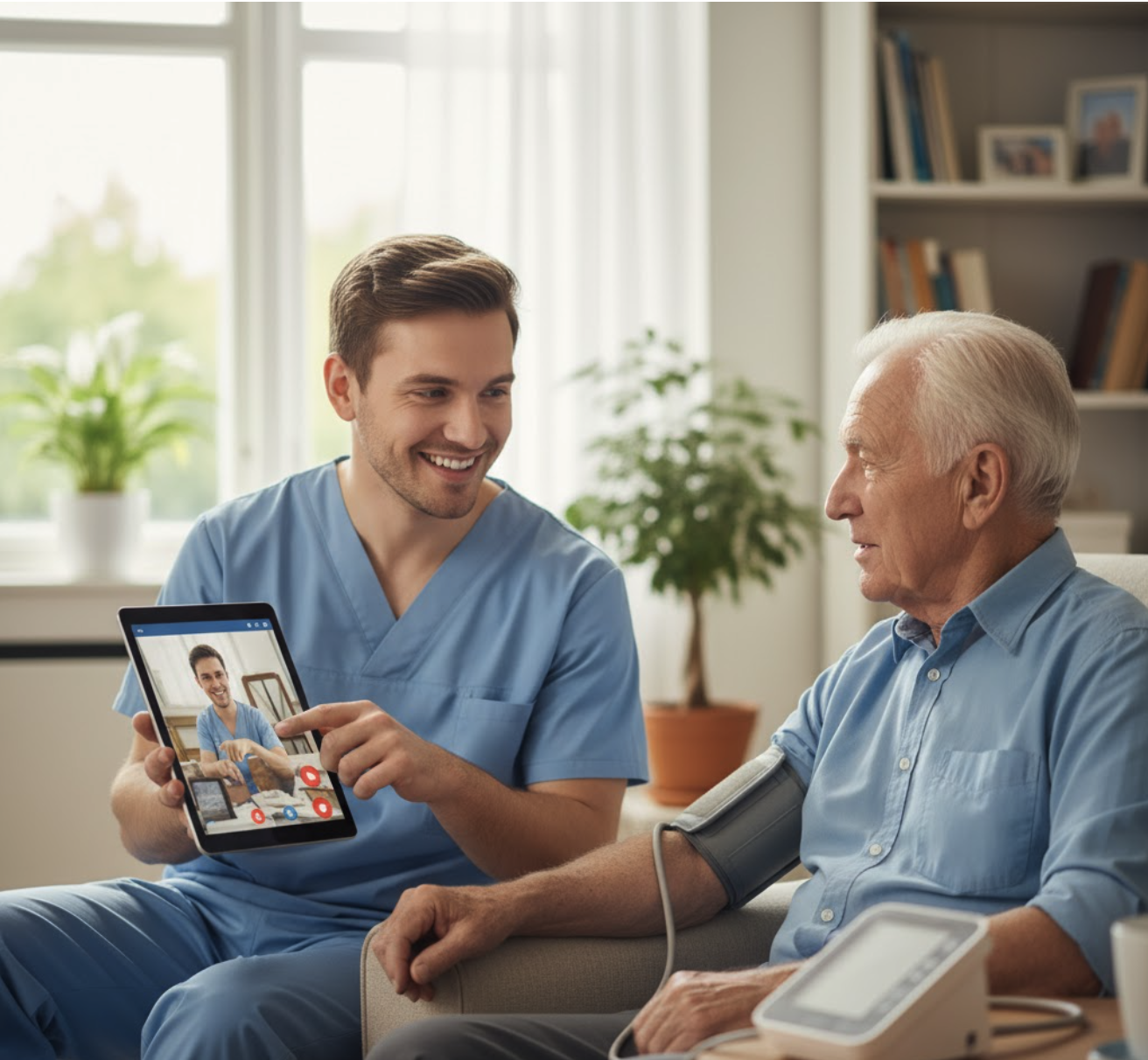 Infirmier expliquant la télémédecine à un patient âgé pour le suivi à domicile.