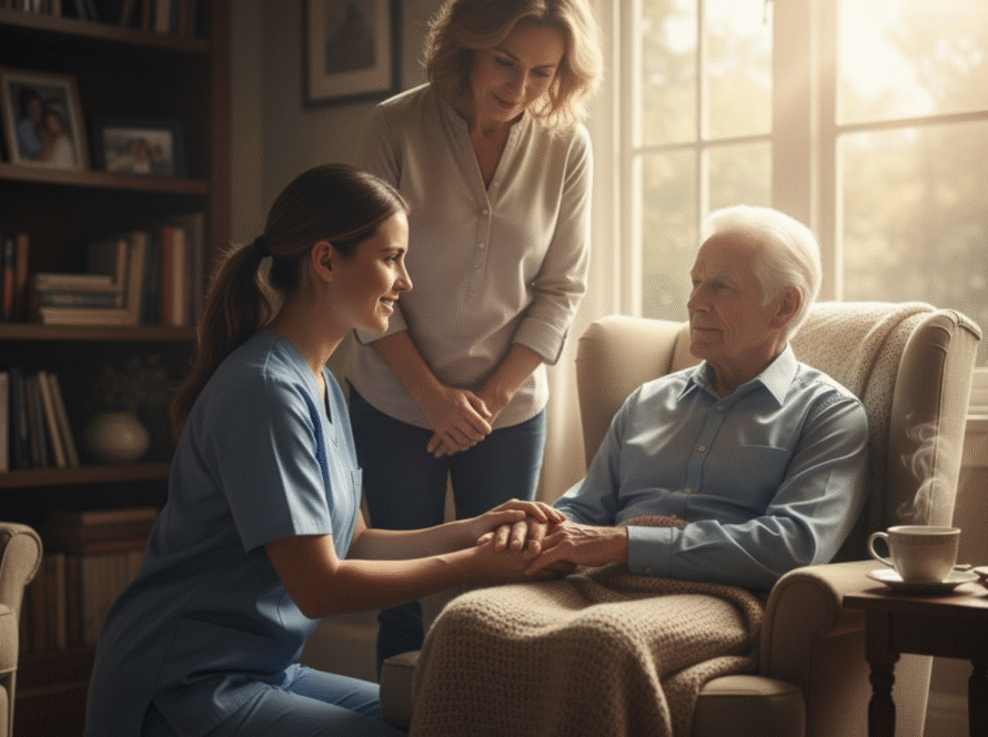 Jeune infirmière offrant un soutien empathique à un patient en fin de vie et sa famille à domicile.