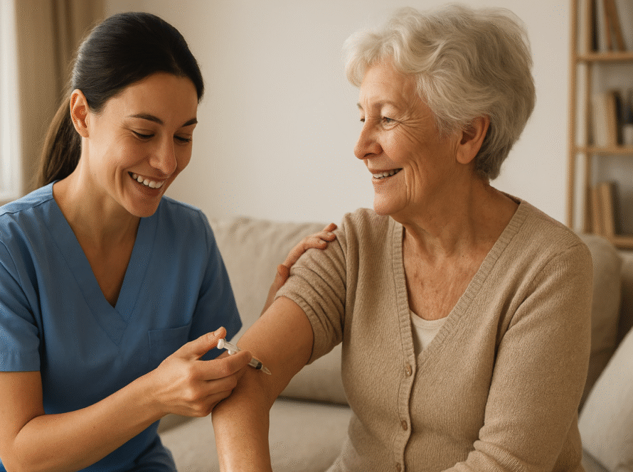 Infirmière libérale accompagnant une personne âgée à domicile à Aix-en-Provence, avec douceur et attention.