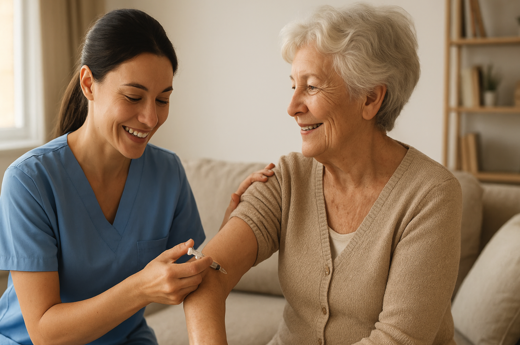 Infirmière libérale accompagnant une personne âgée à domicile à Aix-en-Provence, avec douceur et attention.